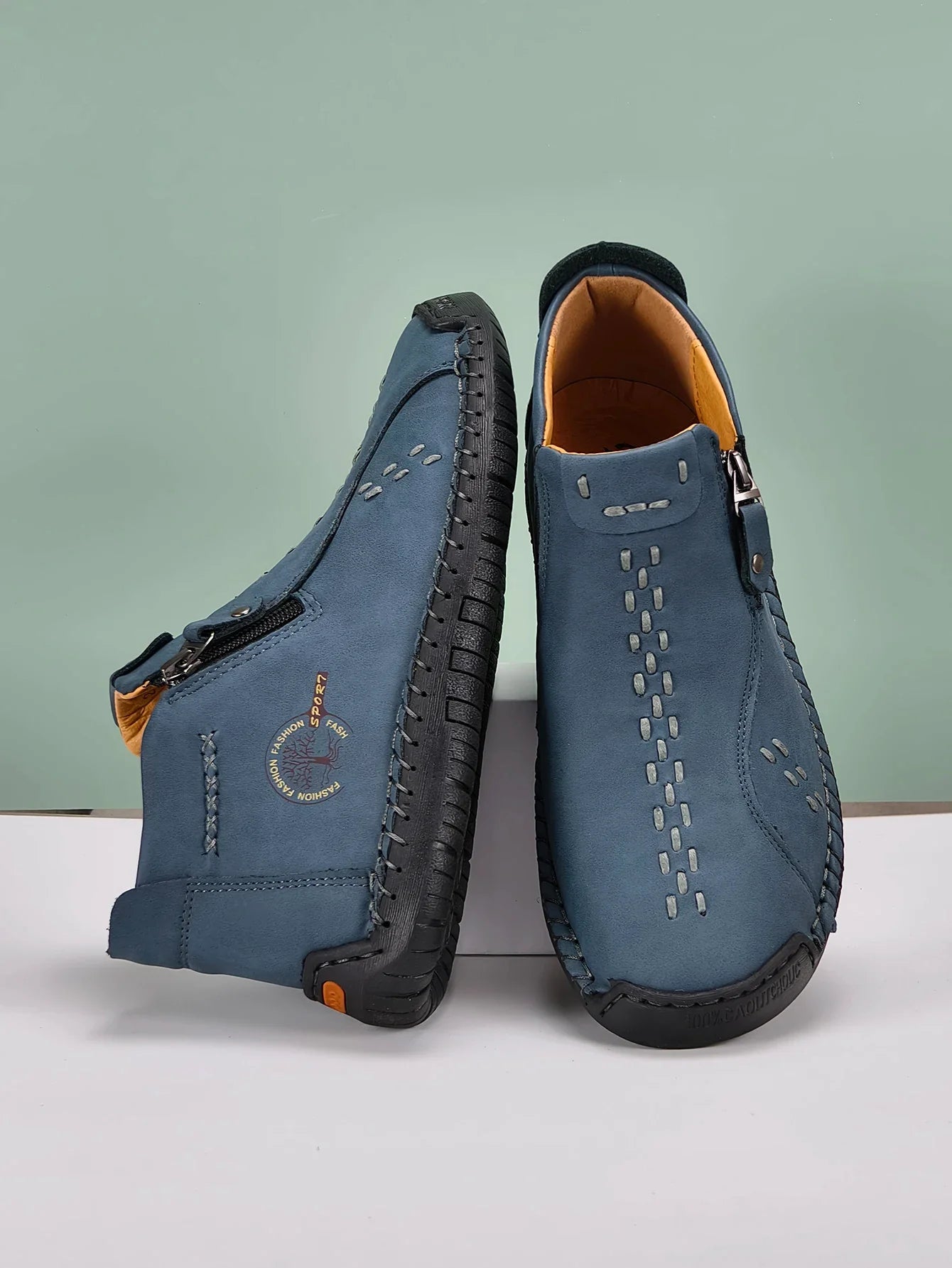 Sapatos Masculinos Clássicos de Couro Feitos à Mão, Design com Zíper, Tênis Esportivos para o Ar Livre, Sapatos Casuais Respiráveis com Elástico, Botas Masculinas de Couro no Tornozelo