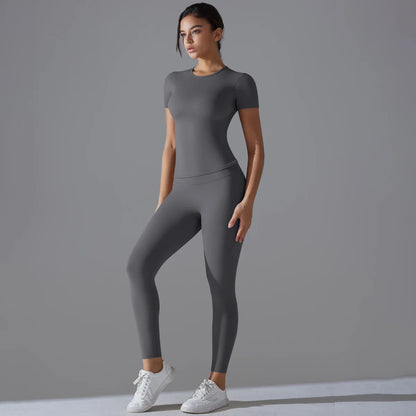 Yoga Set Women Workout Set Sportswear Gym Clothing Fitness Shorts Sleeve Crop Top High Waist Leggings Sports Suits