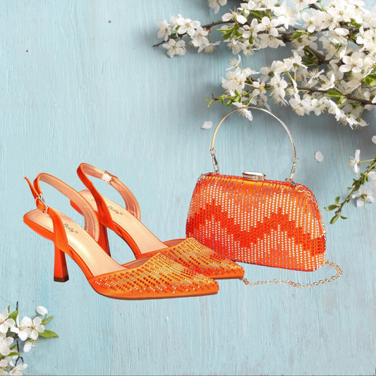 Orange Color Pointed Toe Crystal Design Thin Heel Ladies Shoes Matching Bag Set For Nigerian Women Party