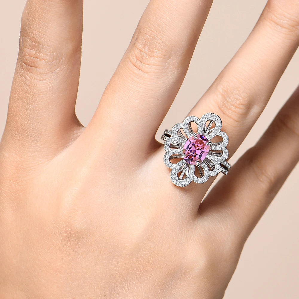 Luxury D VVS1 Moissanite Rings for Women Created Pink Zircon S925 Sterling Silver Flower shape Engagement Wedding Gift