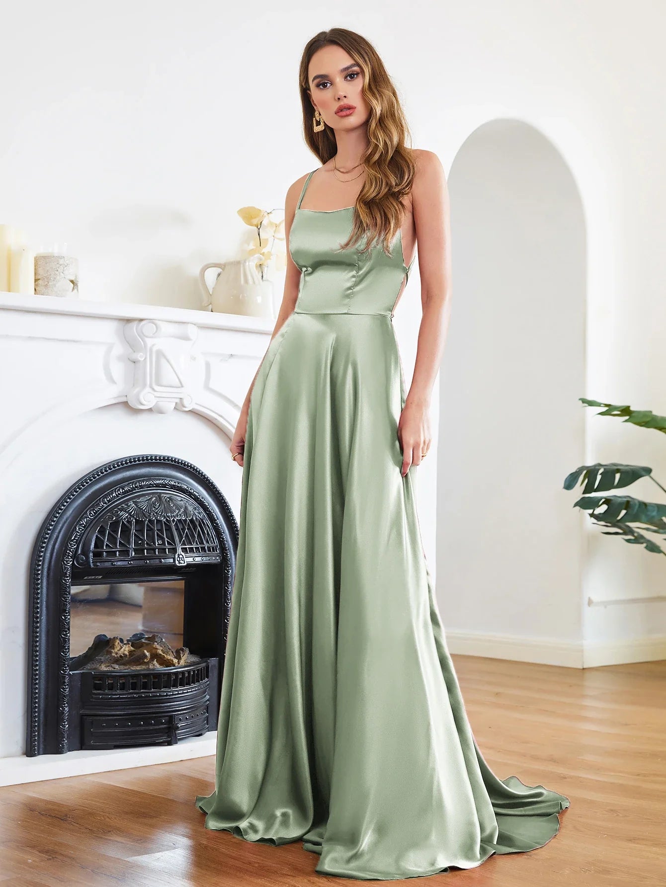 Women Sexy Prom Dresses Lace-Up Spaghetti Straps Backless Sling Evening Dress Satin A-Line High Split Maxi Train Party Gowns