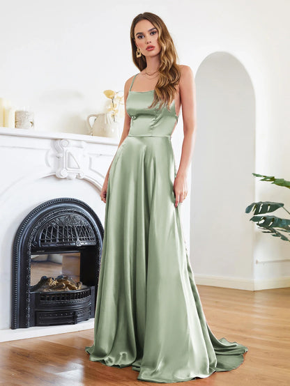Women Sexy Prom Dresses Lace-Up Spaghetti Straps Backless Sling Evening Dress Satin A-Line High Split Maxi Train Party Gowns