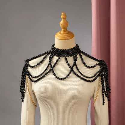 Elegant Bridal Shoulder Chain Jewelry Handmade Beaded Large Necklace Hollow Imitation Pearl Body Chain Wedding Shawl Accessories
