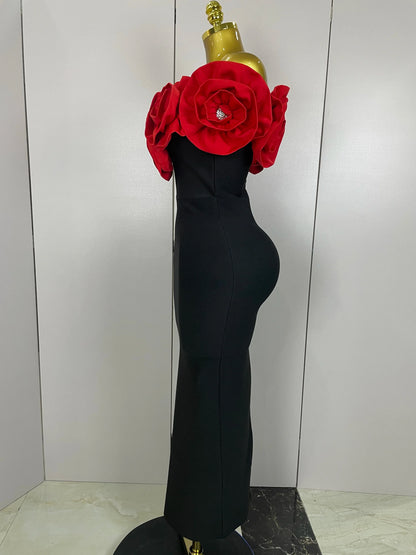 Red Flowers Sexy Off The Shoulder Ankle Lenght Bandage Dress Woman Birthday Party Vestido Wedding Party Outfit