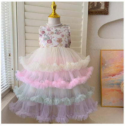 Vestido Regata para Meninas Verão 2025 Novo Vestido Elegante de Malha com Babados para Meninas Vestido Princesa Roupa Infantil de Fada