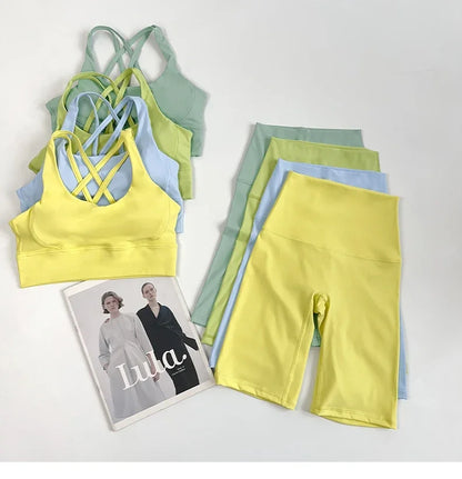 2 Pieces Yoga Shorts Gym Sports Sets Women Fitness Suits Cross Back Bra Top High Waist Shorts Running Workout Tracksuit👚👍️
