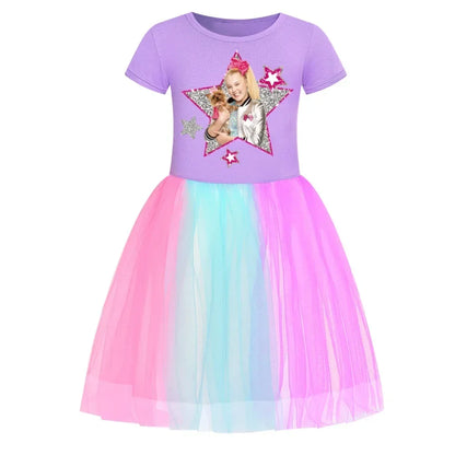 2025 Girls Princess Dress Kids Cute JOJO Siwa T Shirt Pleated Dresses Children Summer Vestidos Cartoon Birthday Party Clothes