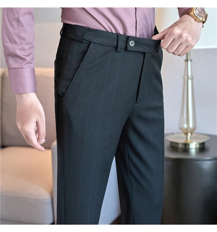 Men's Wool Blend Dress Pants, Elastic Waist Business Trousers, Tapered Slim Fit, Charcoal Gray Black Navy