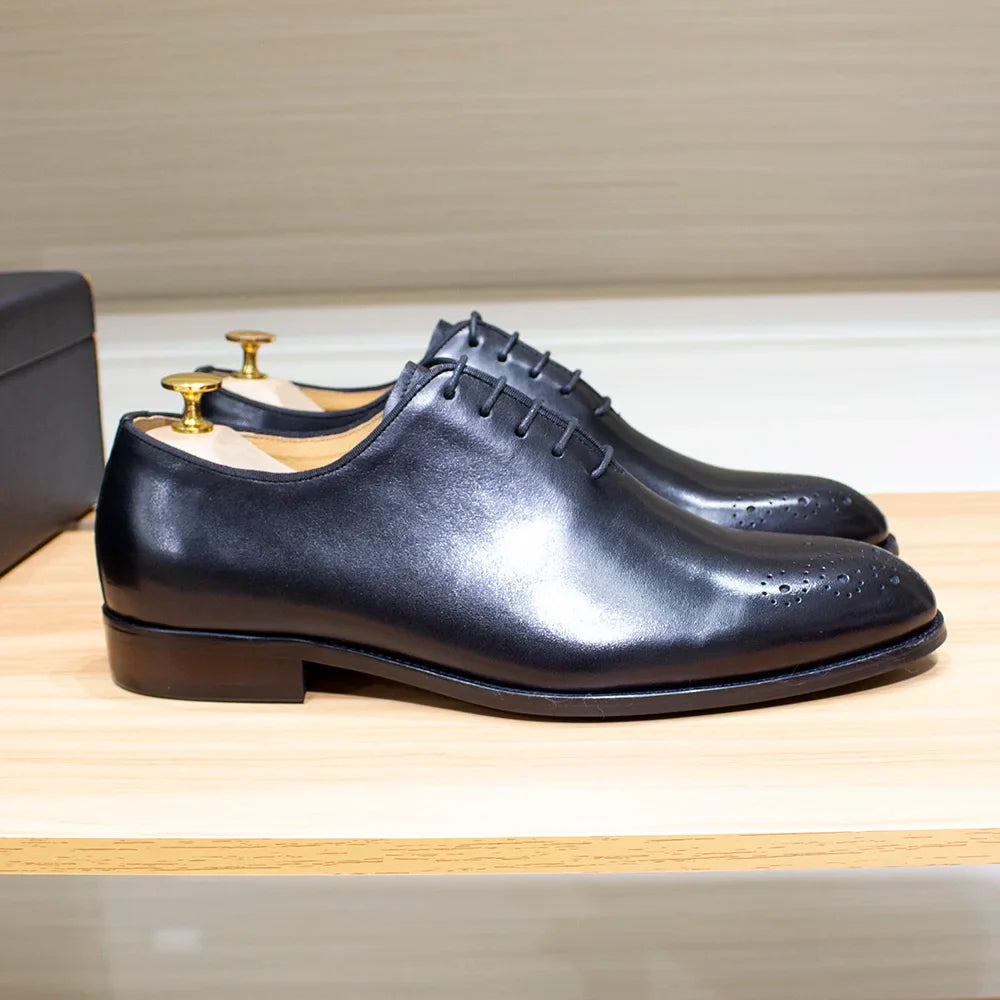 Genuine Leather Mens Formal Shoes Handmade Classic Whole Cut Oxfords Business Lace-up Plain Toe Wedding Dress Shoes for Men