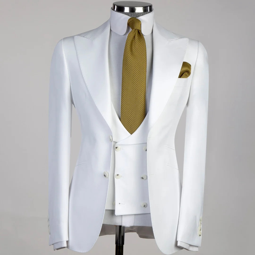 Men Suit 3 Pieses White Solid With Lapel And Pocket For Wedding Birthday Business Party Office Work Jacket Vest With Pants