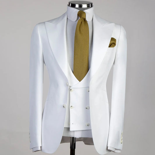Men Suit 3 Pieses White Solid With Lapel And Pocket For Wedding Birthday Business Party Office Work Jacket Vest With Pants