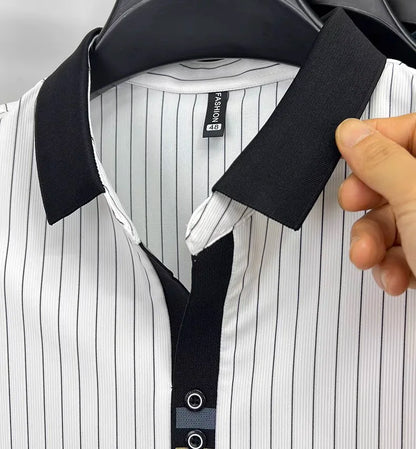 Brand striped design men's short sleeve fashionable polo shirt 2024 summer new cool and breathable casual lapel golf T-shirt