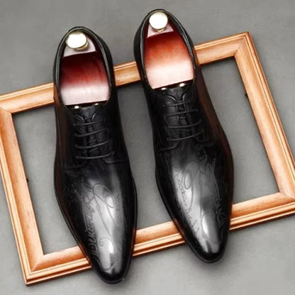 Stylish Letter-printed Men's Business Leather Shoes Korea Style Wedding Derby Shoes Lace-up Pointed Toe Dress Shoes Man Wine-red