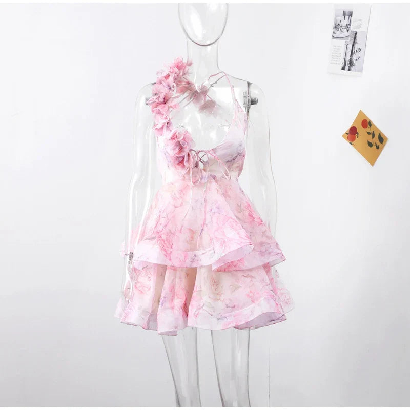 Backless Party Dress Women Elegant 3D Flower Print Sling Lace Up Ruffle A-line Mini Evening Dresses Female 2025 Summer Swimwears