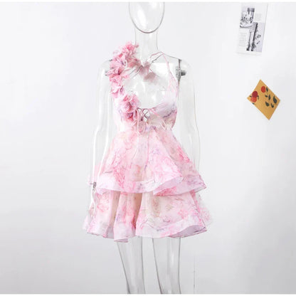 Backless Party Dress Women Elegant 3D Flower Print Sling Lace Up Ruffle A-line Mini Evening Dresses Female 2025 Summer Swimwears