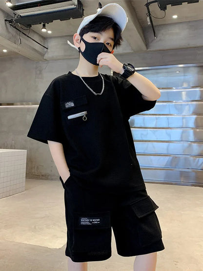 Summer Kids Boys T-Shirt+Shorts 2-Piece Set Letter Printing New Children Teen Loose Comfortable Sports Casual Clothes For 4-14 Y