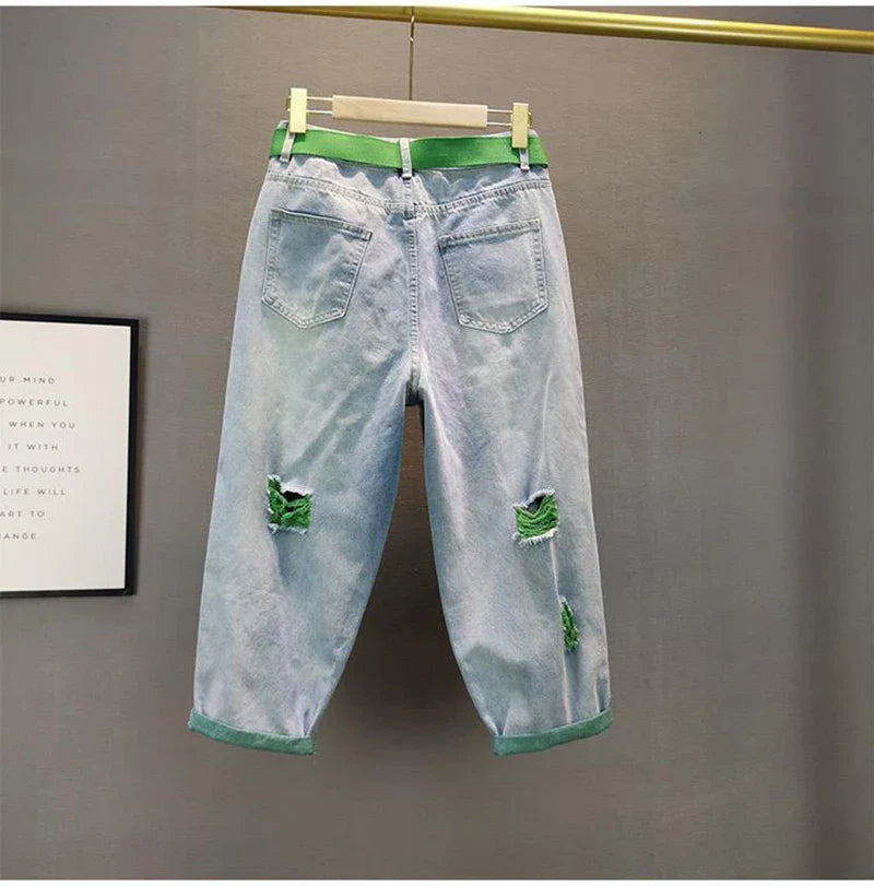 Denim Harem Pants Women Green Pearl High Waist Loose Oversized Jeans