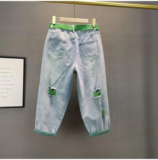 Denim Harem Pants Women Green Pearl High Waist Loose Oversized Jeans