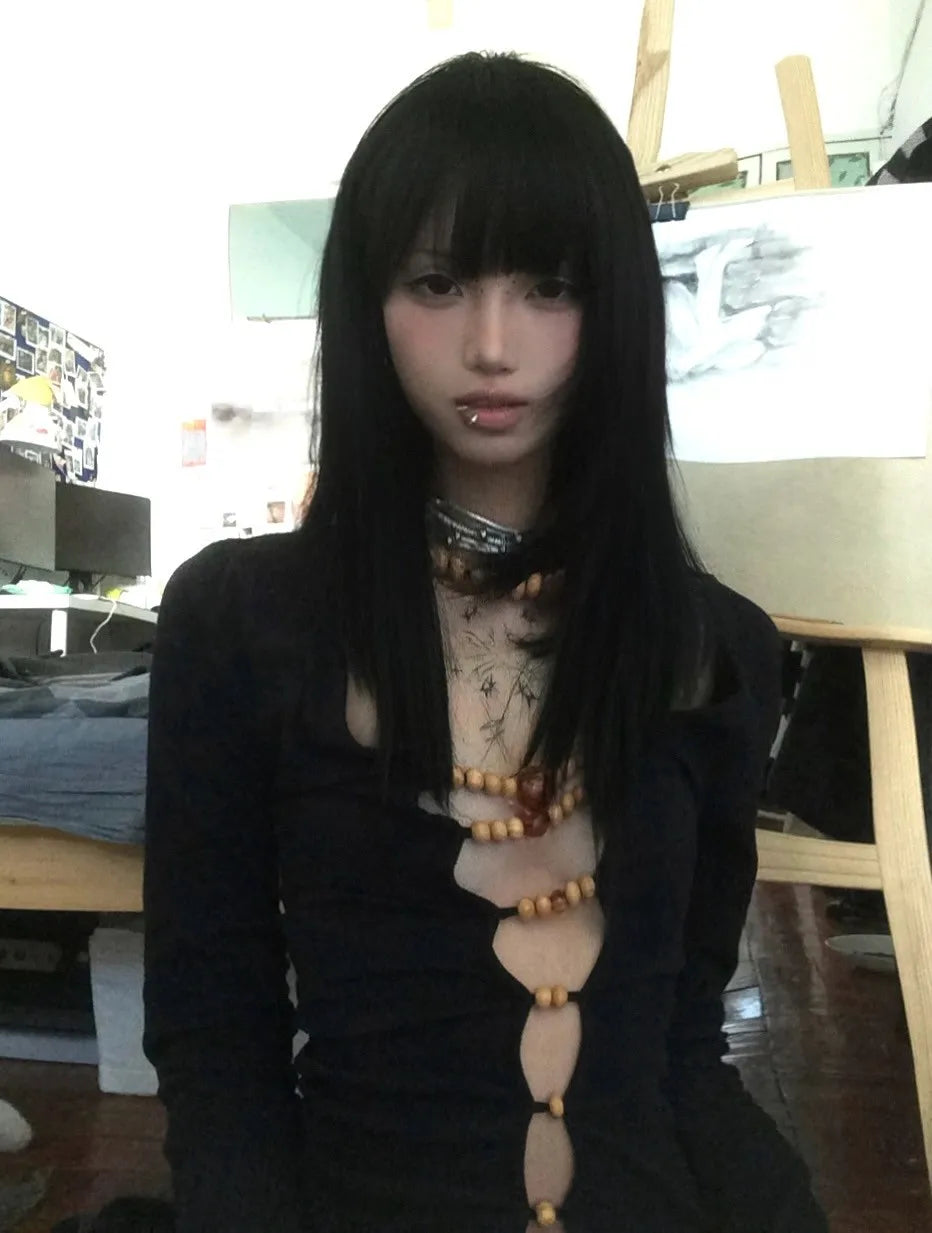 Japanese Y2k Hollow Out Tops Vintage Harajuku Beaded T Shirt 2000s Aesthetics Long Sleeve Slim T-shirts American Retro