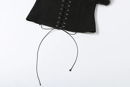 Furry Patchwork Sexy Tank Top Women Y2K Halter Backless Shirring Sleeveless Stretch Coquette Midnight Party Clubwear