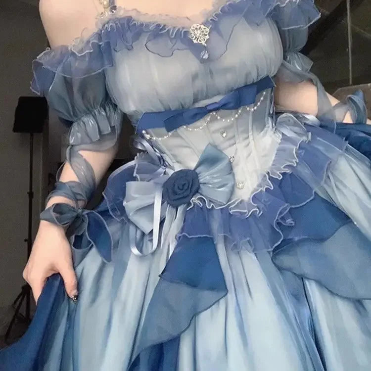 Original Lolita Trailing Puffy Dress Women Short Front Long Back Princess Blue Flower Wedding Dress Elegant Off Shoulder