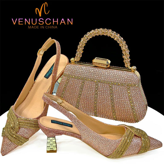 Nigerian Heel Party for Women Shoes and Bag Set Champagne Colour Rhinestone Handbag Italian Design Wedding INS 2024