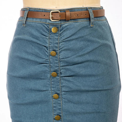 BP Women Vintage Jean Skirt With Belt High Waist Ruched Front Bodycon Skirt