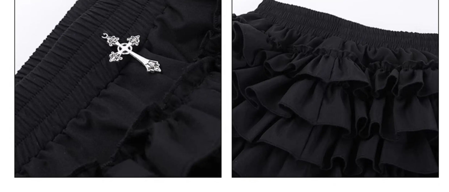 2026 Summer New Arrival Hot Girl Trendy Versatile Mini Skirt Dark Cross DesignTiered Cake Black Fluffy Skirts