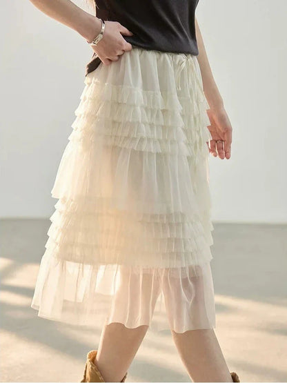 Korean Style Lace Elastic Waist Cake Skirt Mesh Puffy Skirt Women's Dress Knee Length Casual A-Line Skirt Micro Stretch No Slit