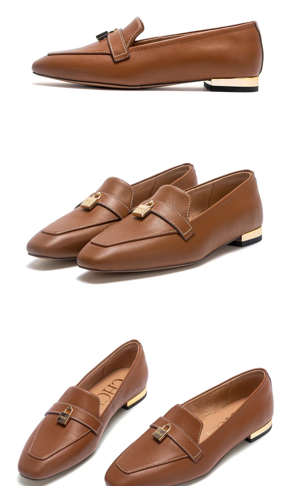 Women's Leather Loafers with Gold Lock Detail Square Toe Low Heel Penny Casual Office Slip-On Dress Shoes for Woman