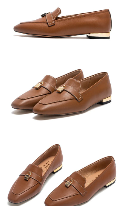 Women's Leather Loafers with Gold Lock Detail Square Toe Low Heel Penny Casual Office Slip-On Dress Shoes for Woman