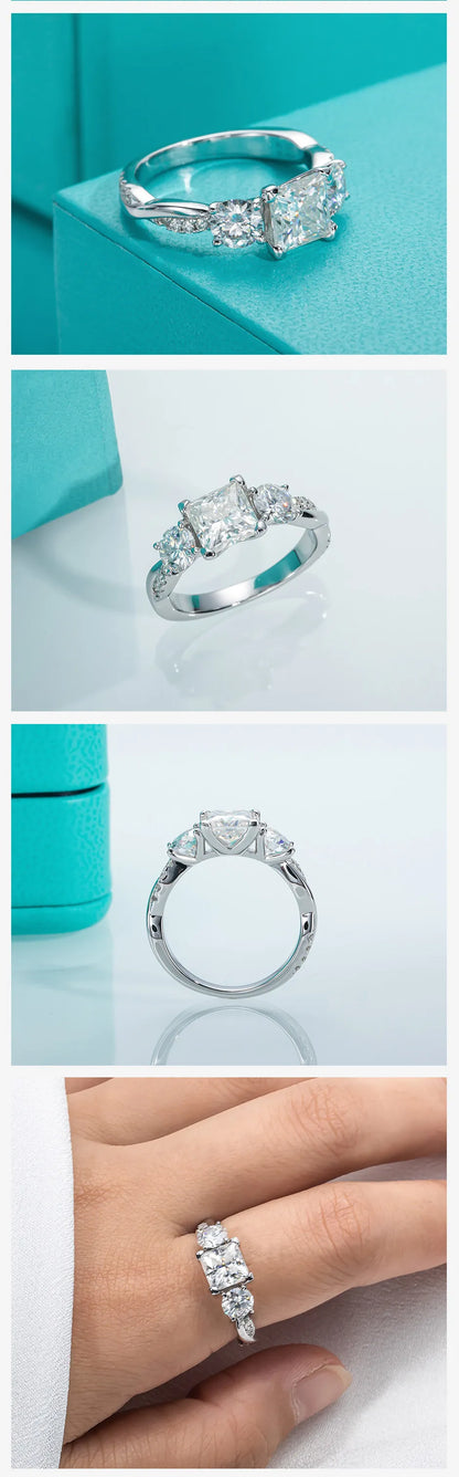 1.5ct Princess Cut D Color Moissanite Three Stone Engagement  Ring 925 Silver Rings For Women Jewelry Wholesale