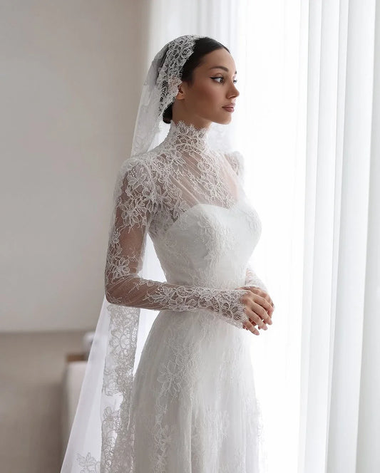 Lace Appliques Wedding Dresses A-Line High Neck Girdling Hazy Feeling Bridal Gown Floor-Length Bride Gowns 2026 Customized