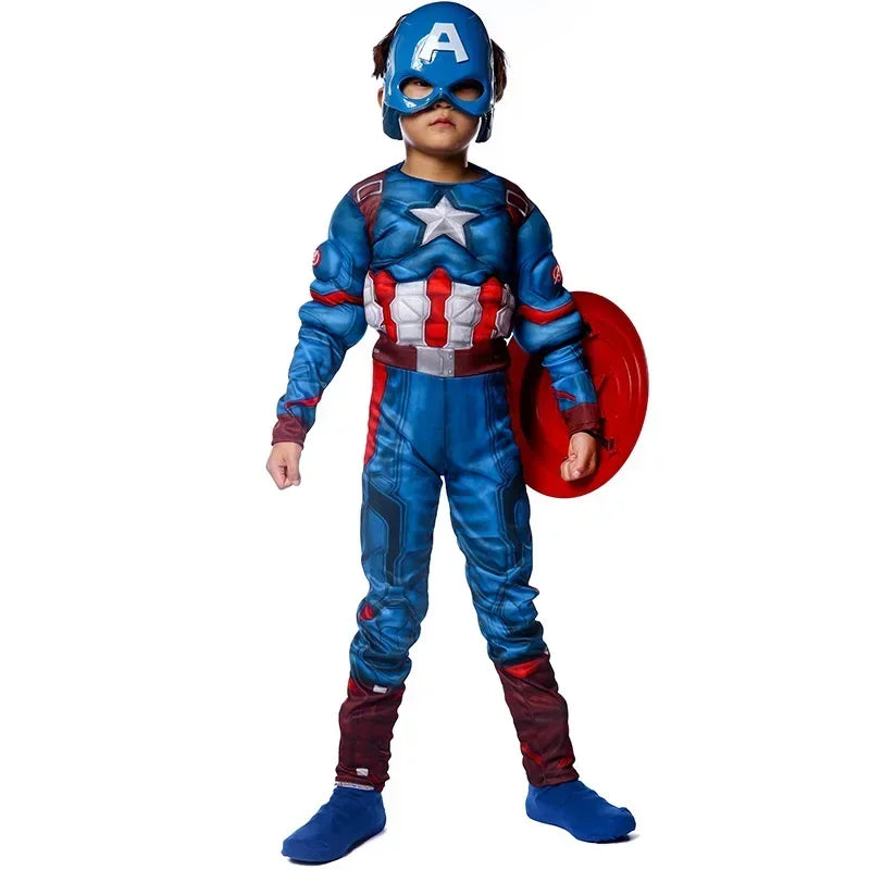 Halloween Purim Boys Captain Rogers Costume Blue Superhero Muscle America Jumpsuit Fantasia Fancy Dress Outfit