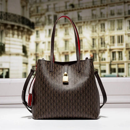 Stylish Monogram Tote Bag Lock Decorative Detail Top Handles Detachable Crossbody Strap Fashion Shoulder Bag