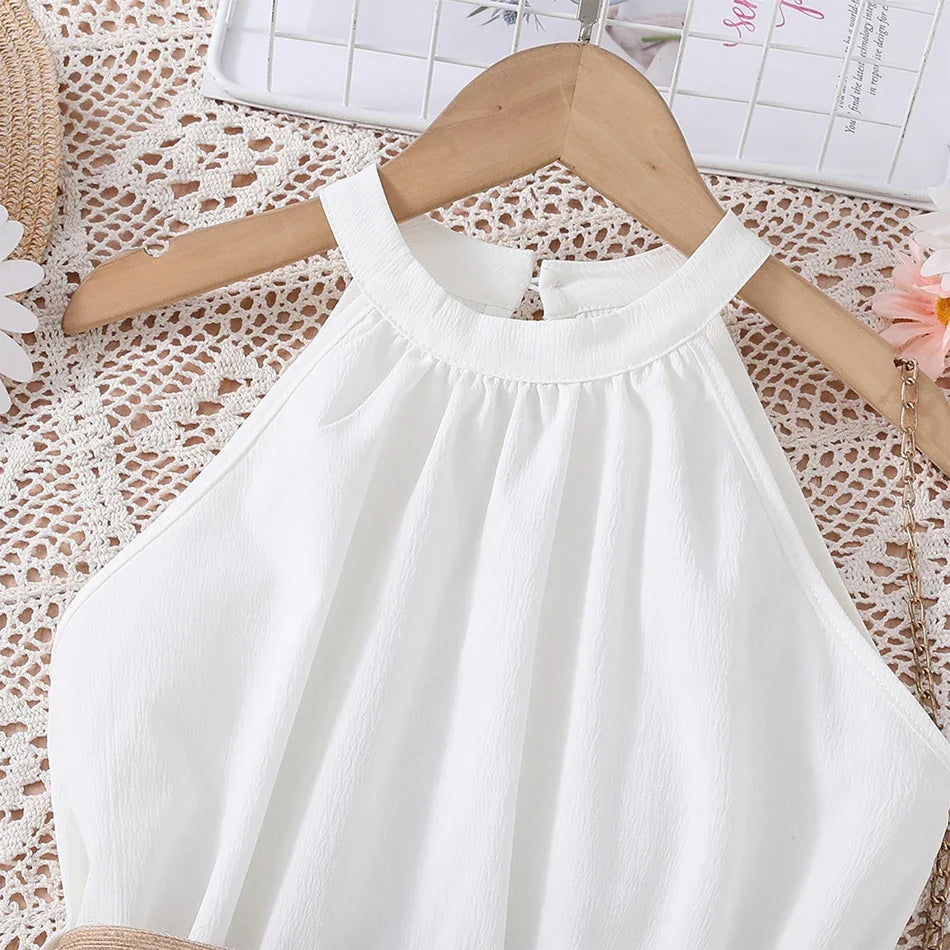 Elegant Summer Princess Dress for Teen Girls with Halter Neck and Off-Shoulder Children Sleeveless Casual Clothes with Belt