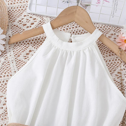 Elegant Summer Princess Dress for Teen Girls with Halter Neck and Off-Shoulder Children Sleeveless Casual Clothes with Belt