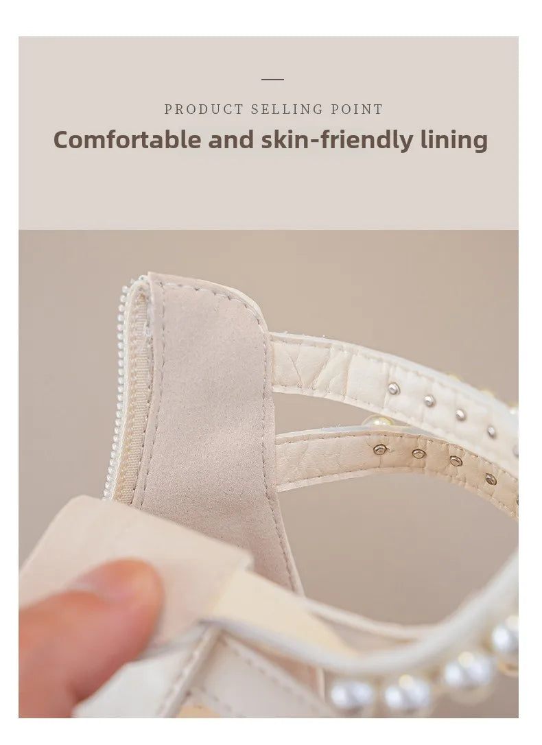 Children's Sandals Summer Bowtie Princess Shoes for Girls Fashion Sweet Kids Causal Pearl Roman Sandals Solid Color Hook Loop
