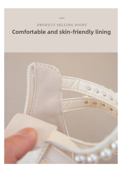 Children's Sandals Summer Bowtie Princess Shoes for Girls Fashion Sweet Kids Causal Pearl Roman Sandals Solid Color Hook Loop