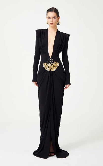 2025 New Spring Women Long Sleeve Deep V-Neck Bodycon Long Dress Elegant Evening Party Celebrate Cocktail Outfit Vestido