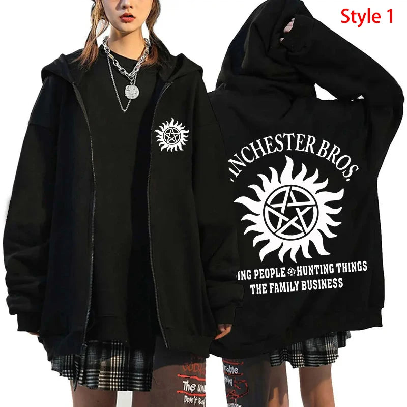 Fashion Unisex Autumn Winter Coat Supernatural Print Zipper Hoodie Casual Long Sleeve Tops Women Men Harajuku Zipper Sweatshirt