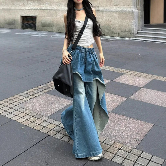 American Retro Irregularly Designed Patchwork Jeans, Women's Four Seasons New Street Hot Girl Patchwork Flared Jeans, Long Pants