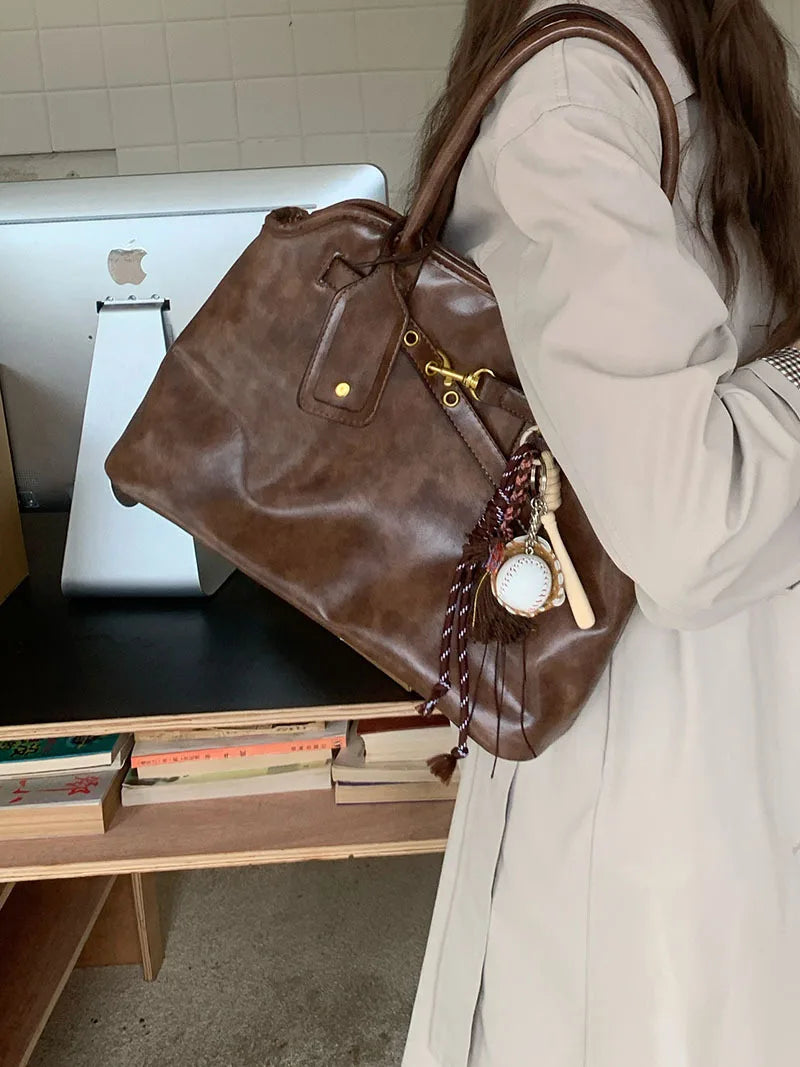 Vintage Designer Luxury Tote Bag Casual Lage Capacity Women's Shoulder Bag Simple Commuting PU Leather Ladies Handbags