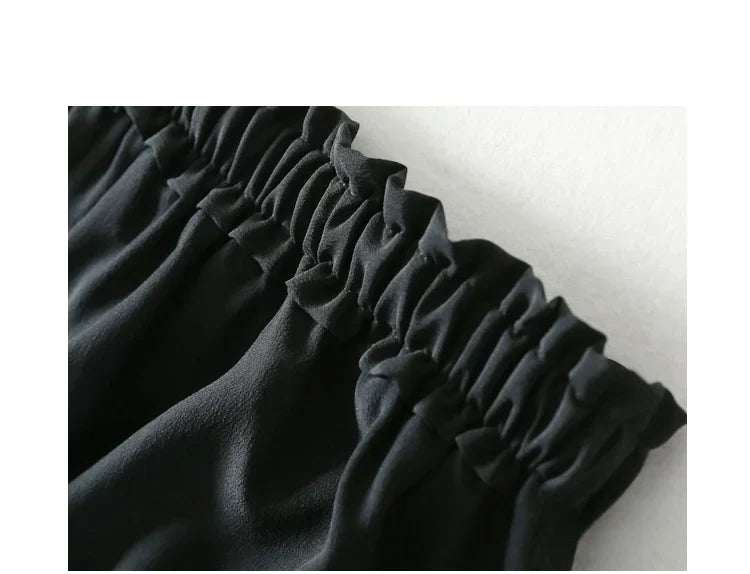 Women Long Pants 100% Mulberry Silk Belted Waist Trousers With Pockets Black Color Office Lady M0609