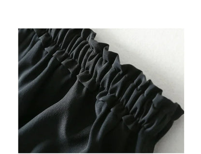 Women Long Pants 100% Mulberry Silk Belted Waist Trousers With Pockets Black Color Office Lady M0609