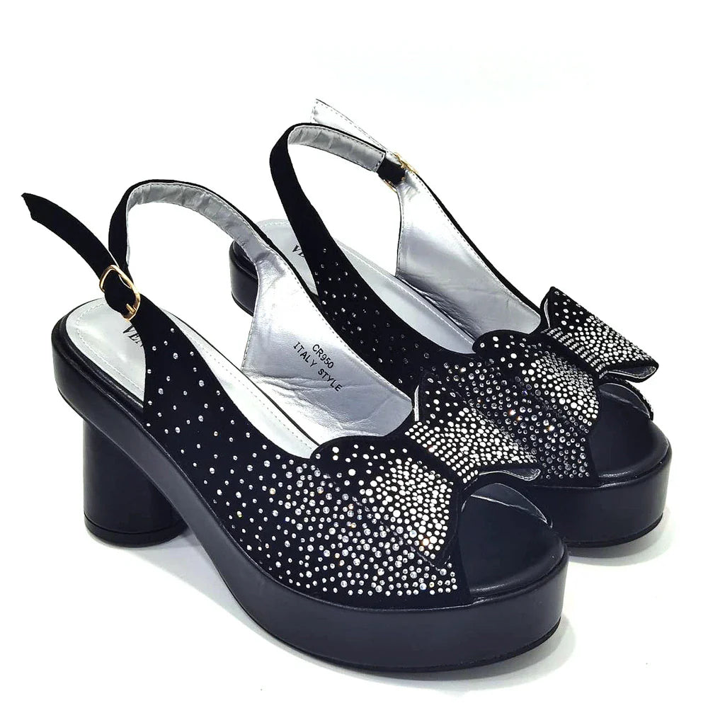 Silver Fashion Square Heels with Platform African Women Shoes and Bag Set Full Crystal Pumps for Wedding Party