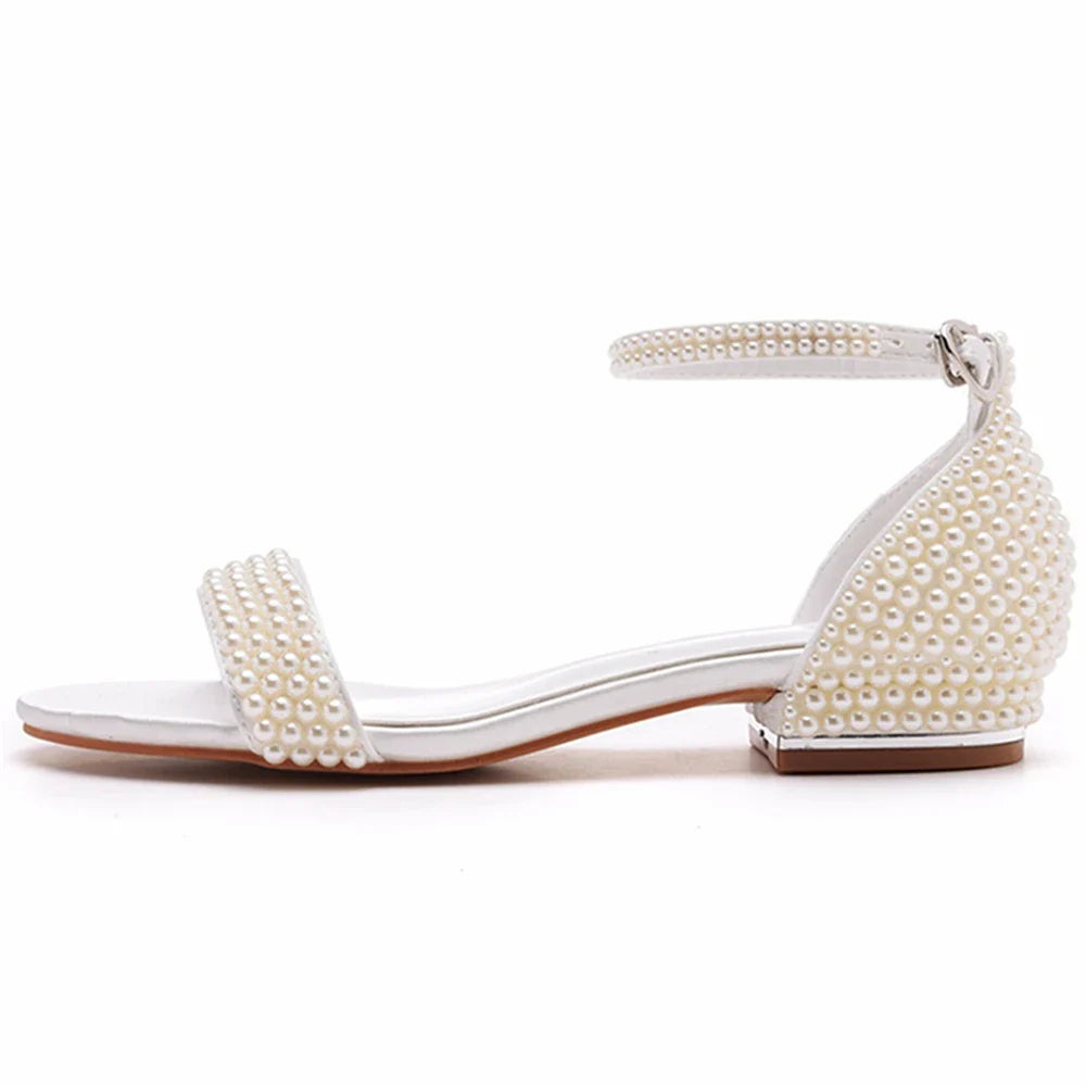Summer new 2-cm square-heeled silk ribbon pearl rhinestone low-heeled wedding shoes beaded lace-up flat large-size women sandals