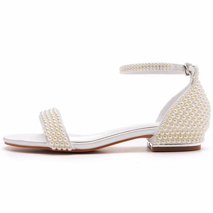 Summer new 2-cm square-heeled silk ribbon pearl rhinestone low-heeled wedding shoes beaded lace-up flat large-size women sandals