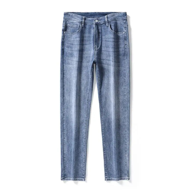 Calça Jeans Masculina Coreana Macia Elástica Slim Fit Negócios Casual Reta Jeans Clássica Marca Azul Lavado Cinza