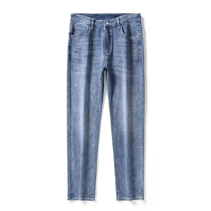 Calça Jeans Masculina Coreana Macia Elástica Slim Fit Negócios Casual Reta Jeans Clássica Marca Azul Lavado Cinza